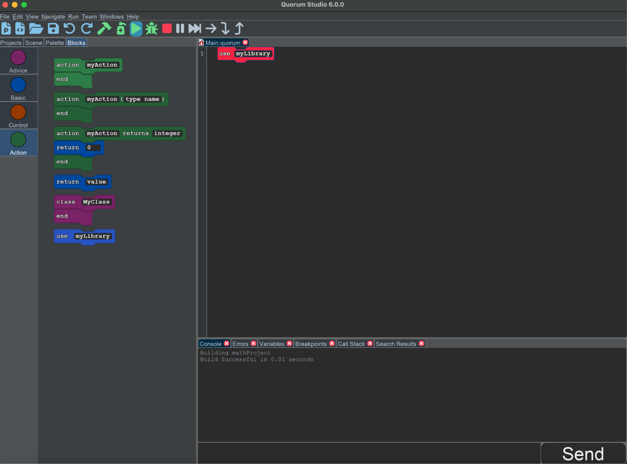 A screenshot of Quorum Studio. On the left side, the block palette is set to the Action category, where the use block is located. On the right side, there is a program that contains exactly 1 block, which reads: use myLibrary